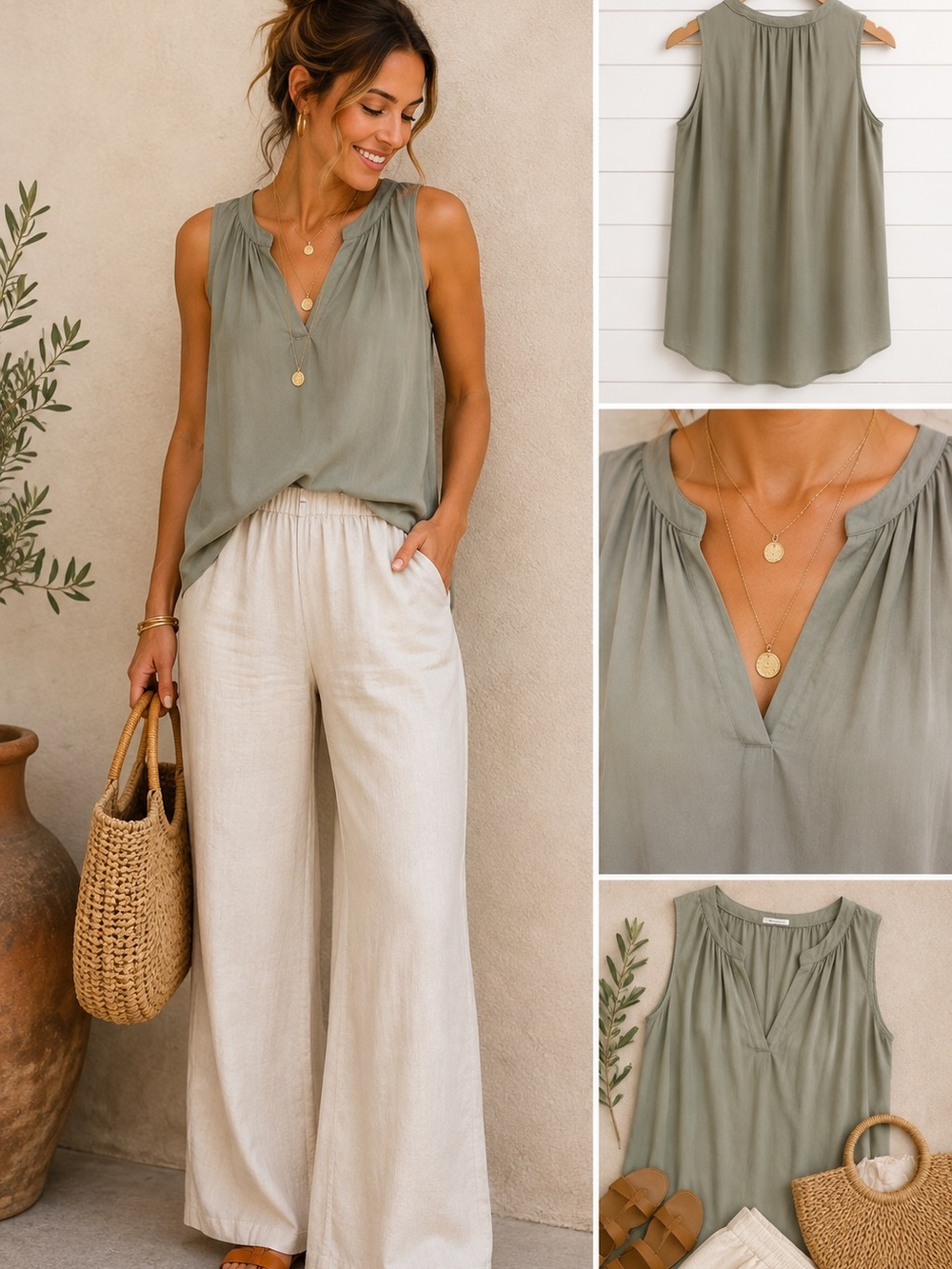 LOFT Sage Green Sleeveless Blouse | Pleated V-Neck | Flowy Boho Top | Medium